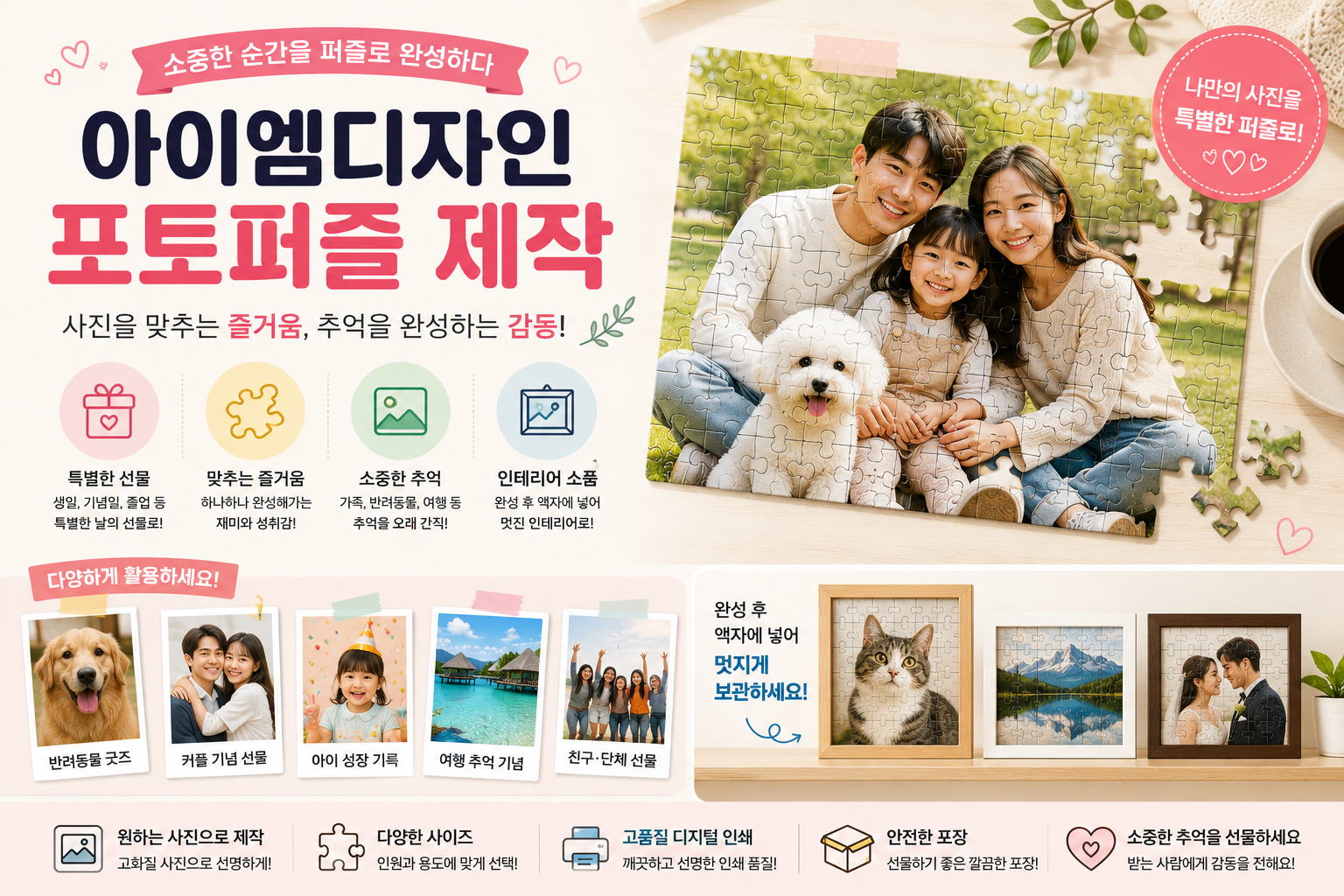 가족사진과 반려동물 사진을 특별한 선물로 제작할 수 있는 아이엠디자인 포토퍼즐 안내 이미지